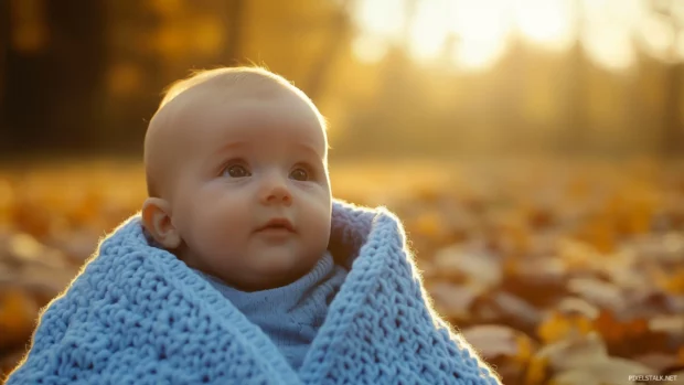 Baby boy in blue knitted blanket, autumn leaves, warm golden light.