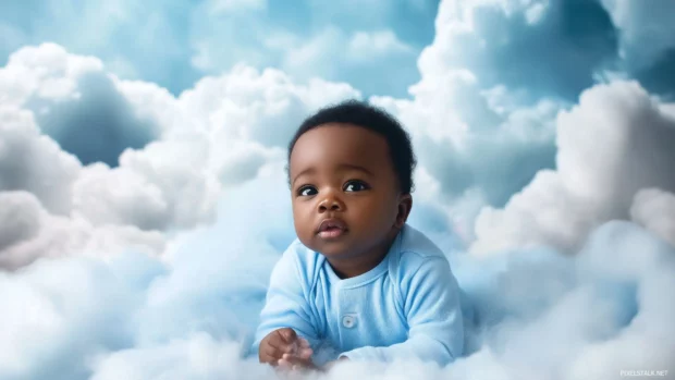 Baby boy in blue onesie, cozy blanket, fluffy cloud background.
