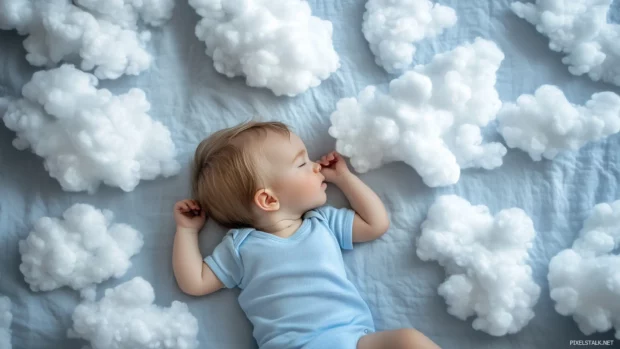 Baby boy lying on cozy blanket, soft blue onesie, fluffy clouds.