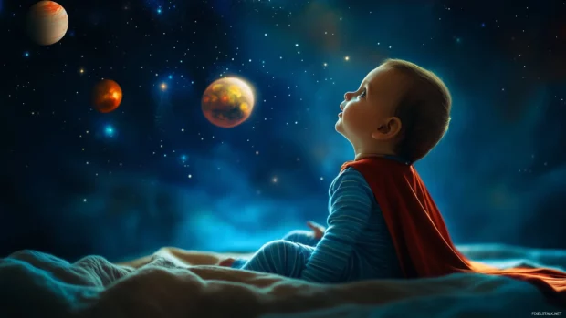 Baby boy wearing a tiny superhero cape, sitting on a bed with stars and planets in the background.