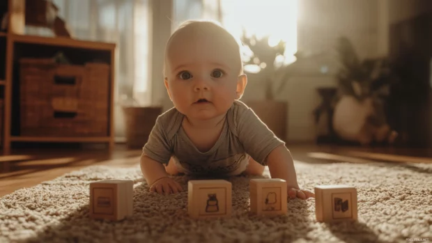 Baby boy with big, curious eyes playing with wooden blocks on a soft rug in a sunny room.
