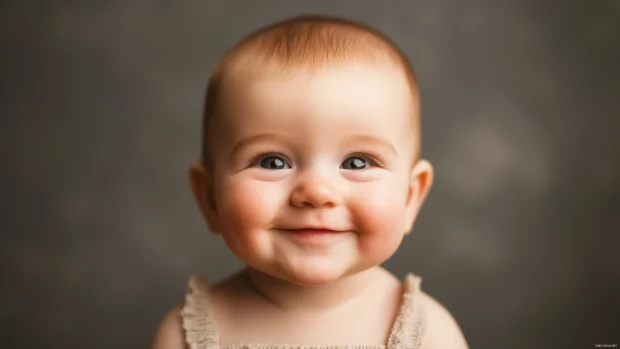 Baby boy with rosy cheeks and dimples, curious look at camera.