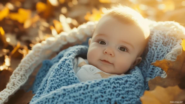Baby boy wrapped in blue blanket, autumn leaves, golden warm light.