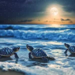 Baby turtles crawling towards the ocean under moonlight.