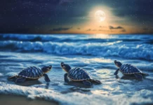 Baby turtles crawling towards the ocean under moonlight.