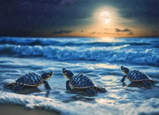 Baby turtles crawling towards the ocean under moonlight.