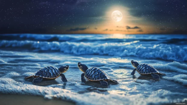 Baby turtles crawling towards the ocean under moonlight.