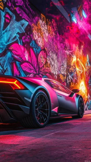 Backfire from Lamborghini exhaust lights up graffiti wall.