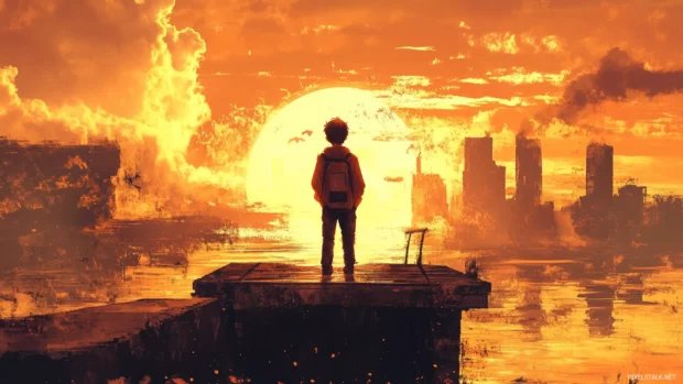 Backlit anime boy standing on pier at golden hour.