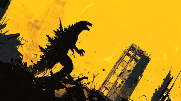 Backlit silhouette of Godzilla towering over shattered towers.