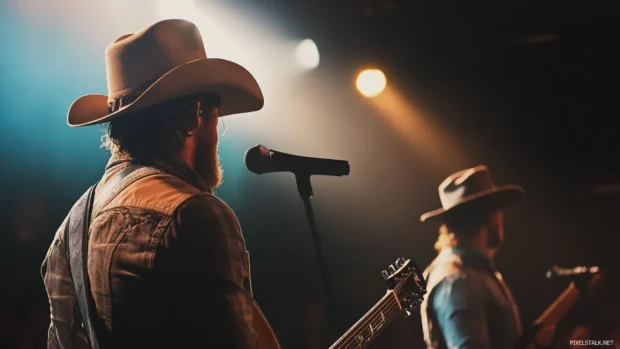 Backstage moment before country music duo hits the stage.