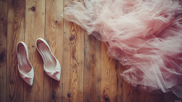 Ballet slippers and pink tulle scattered across a polished wooden floor.