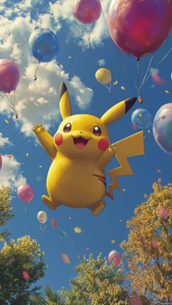 Balloons lift Pikachu gently into the sky as it waves happily at the viewer.