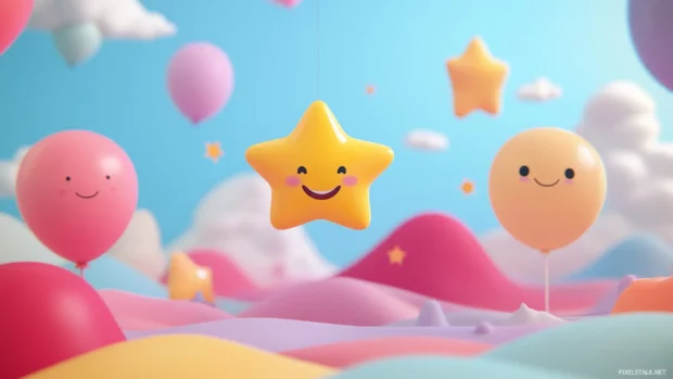 Balloons lifting smiling stars above pastel valleys.