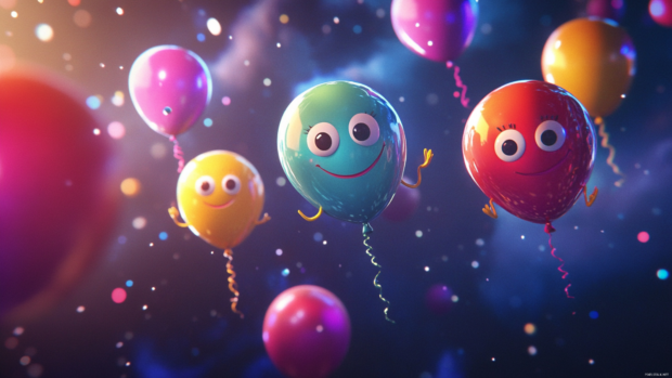 Balloons with blinking eyes and stretchy cartoon arms flying through space in a trippy loop.