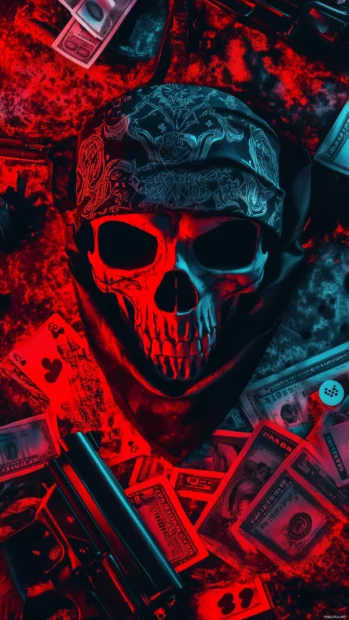 Bandana skull, playing cards, cash, guns, gritty dark style.