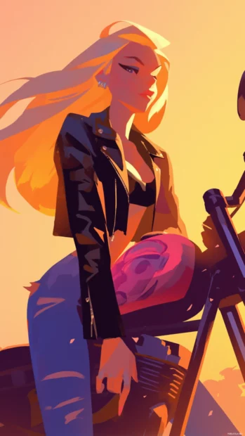 Barbie in a leather jacket on a motorbike beside sunset graffiti.
