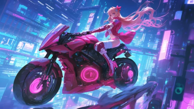 Barbie riding a pink motorbike through a luminous cyber mall.