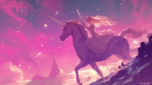 Barbie riding a unicorn across stardust highways.