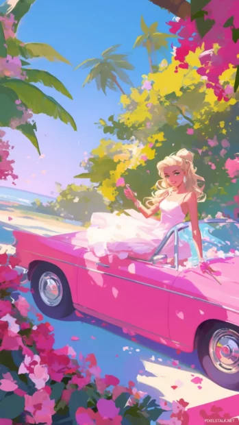 Barbie smiling beside her pink convertible on a flower covered road.