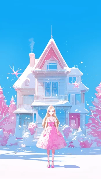 Barbie standing in front of her dream house with pink sparkles around.