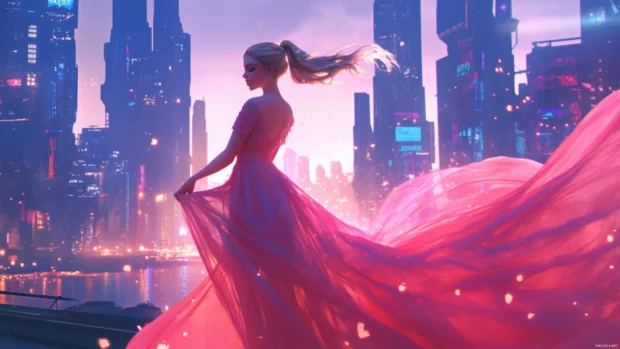 Barbie walking through a sparkling city in a flowing pink dress.
