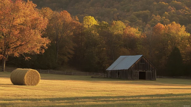 Barn and hay field in golden afternoon light, featured in rural fall PC wallpapers.