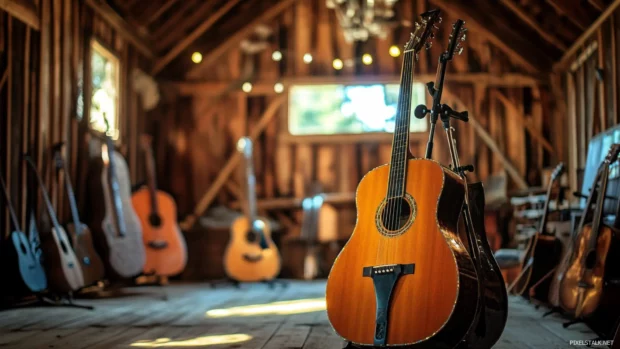 Barn interior with acoustic instruments ready for country show.
