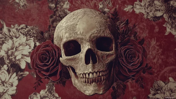 Baroque skull with roses, lace patterns, black faded background.