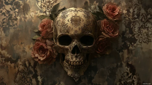 Baroque skull with roses, lace patterns, dark faded background.