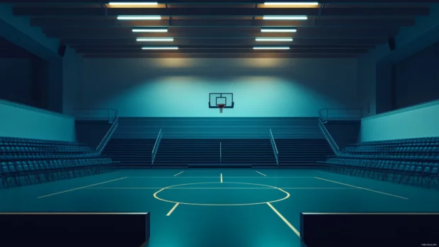 Basketball Court Wallpaper aesthetic showcasing minimal design with soft lighting and empty bleachers.
