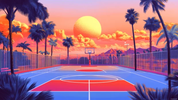 Basketball Court Wallpaper digital illustration with vivid colors and retro 80s style, great for widescreens.