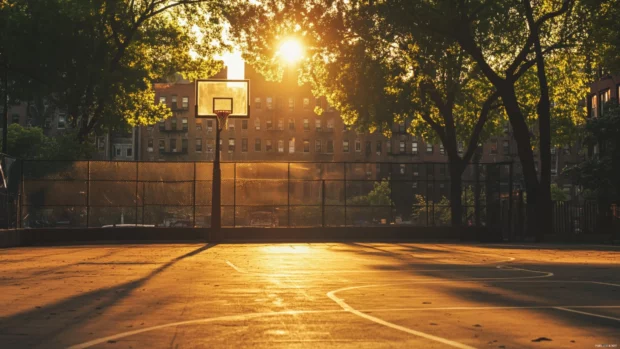 Basketball Court Wallpaper in ultra HD, capturing golden hour light across an outdoor urban court.