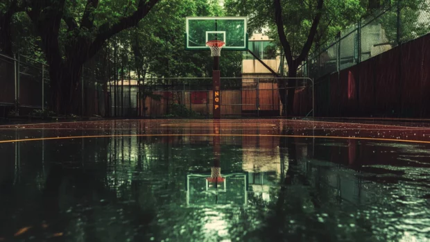 Basketball Court Wallpaper showing a rainy day scene with reflections on the wet court.