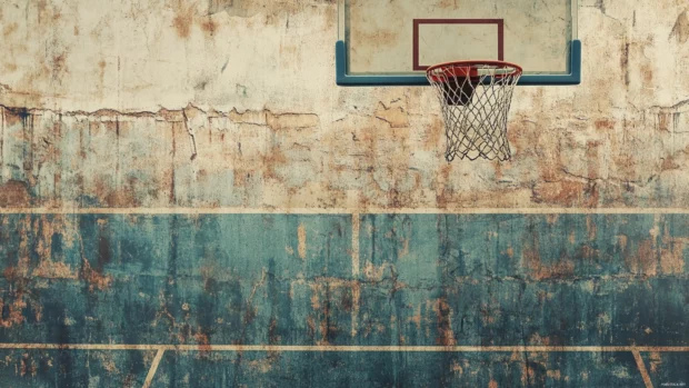 Basketball Court Wallpaper with vintage tones, chain nets and warm faded textures.