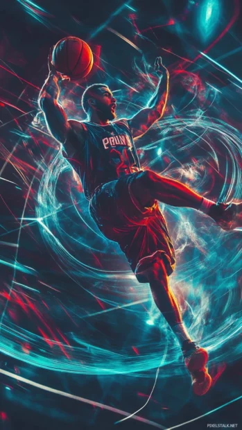 Basketball Wallpapers featuring dynamic motion trails and neon background.