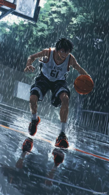 Basketball Wallpapers in anime style showing fast paced dribble on rainy court.
