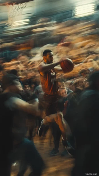 Basketball action shot with blurred crowd, great for smartphone basketball wallpapers 4K resolution.