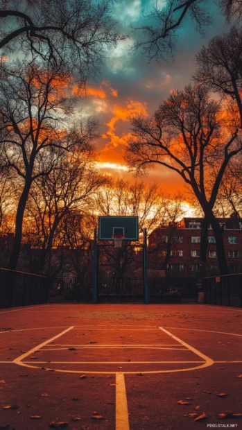Basketball aesthetic street court under golden hour sky for vertical wallpapers.