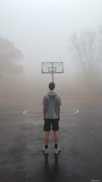 Basketball alone on an empty foggy court.