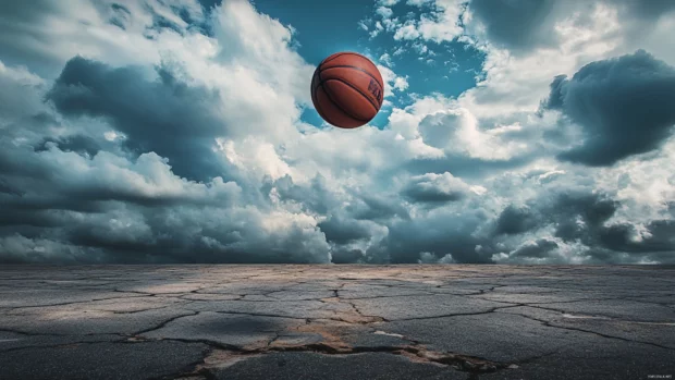 Basketball bounces mid air above a cracked asphalt court with dramatic clouds.