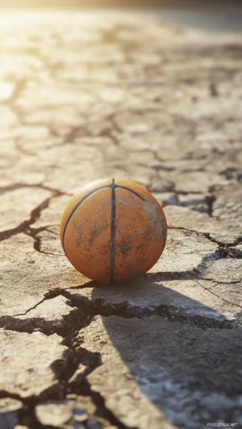 Basketball bounces on an old cracked court under gentle backlight.