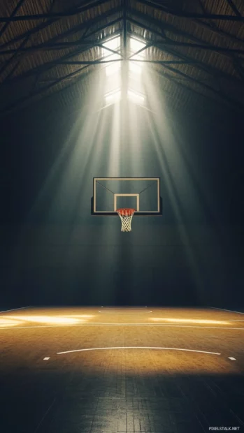Basketball bouncing under spotlight on moody indoor court.