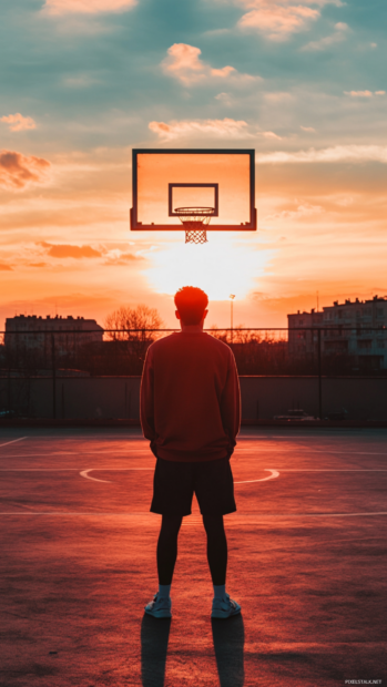 Basketball champion standing proud on rooftop court during sunset.
