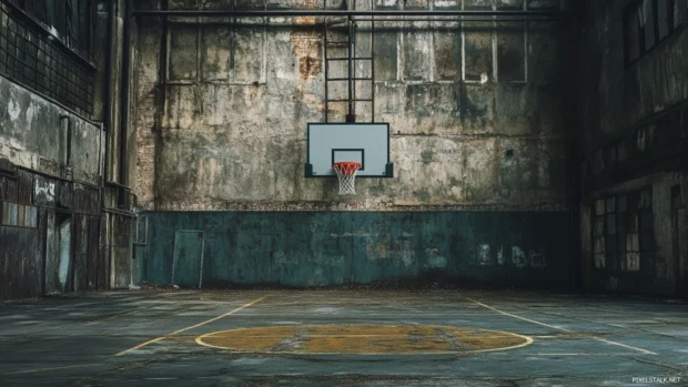 Basketball court built into an abandoned warehouse, moody industrial style.