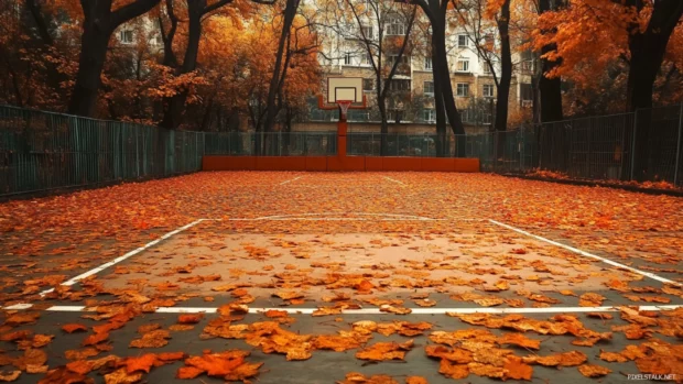 Basketball court during autumn, covered in fallen leaves with warm colors.
