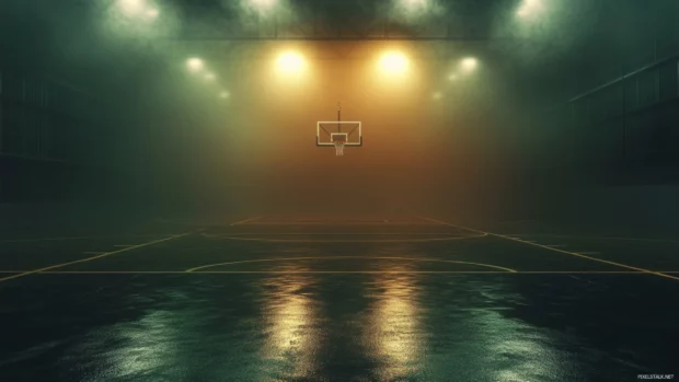 Basketball court glowing under floodlights with fog rolling in.