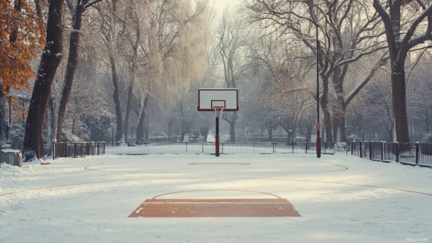 Basketball court in a snowy park, hoops frozen and untouched.