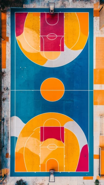Basketball court painted in bold colors, viewed from above.