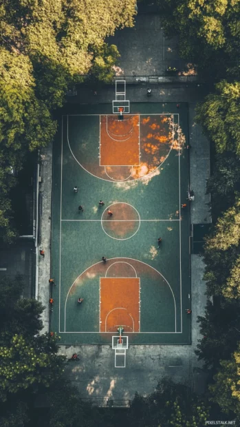 Basketball court seen from the top of a building, distant players visible.